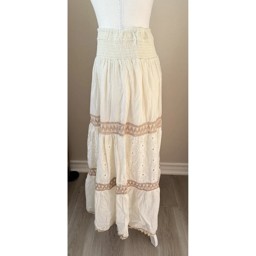 Boho Cottagecore Cotton Eyelet Maxi Skirt Smocked Waist Cream Small - Picture 4 of 11